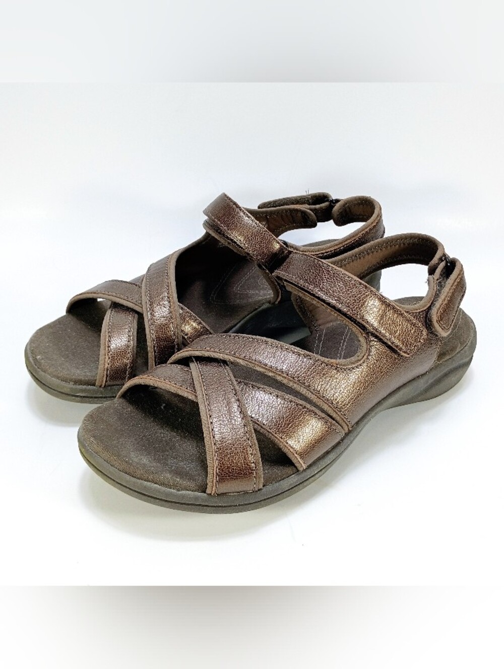Clarks Collection Womens 7 Wide Fit Pewter Metallic Leather Ankle Strap Sandals - Picture 5 of 10
